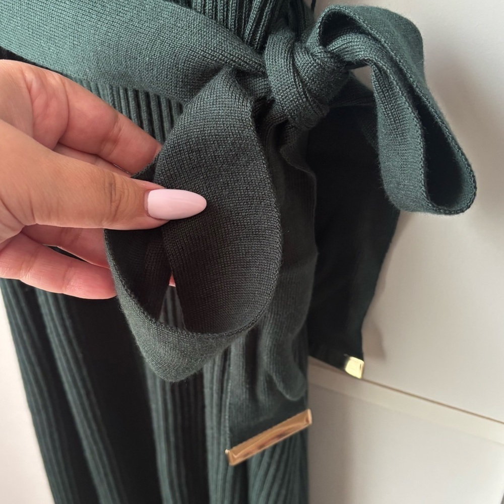 Calvin Klein Forest Green Ribbed Sweater Dress Size XL Mock Neck Tie Waist - Picture 4 of 4